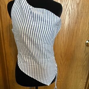 Cider Blue and White Striped Asymmetrical Top